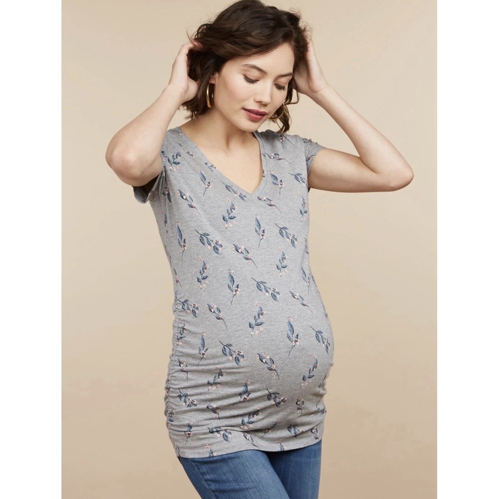 Motherhood MATERNITY M Pullover Gray Floral Short Sleeve V neck Ruched Top NWT